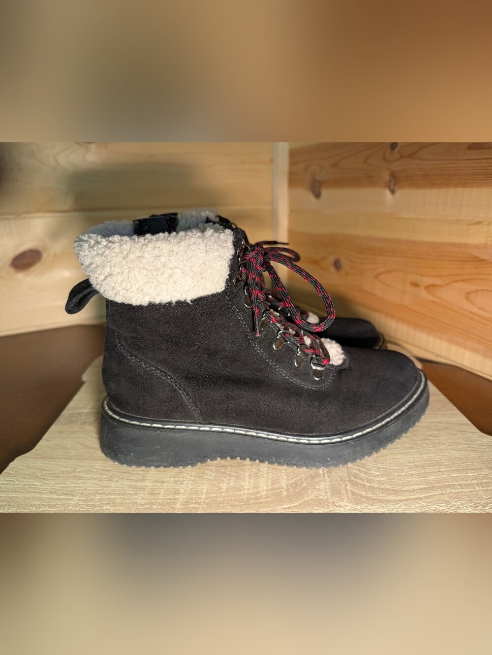 Madden Girl Black Faux-Sherpa Lace/Zip-Up Ankle Booties with Red-Accented Laces
